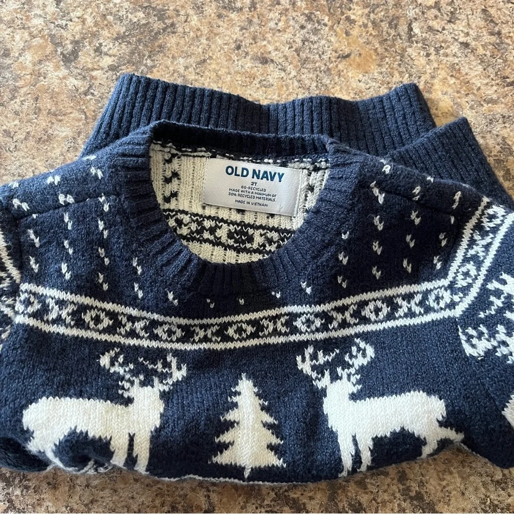 Old Navy 2T Fair Isle Reindeer Christmas Holiday Cozy Sweater Navy Blue White